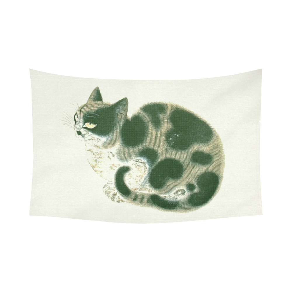 Tabby Cat Vintage Chinese Painting Cotton Linen Wall Tapestry 90"x 60"