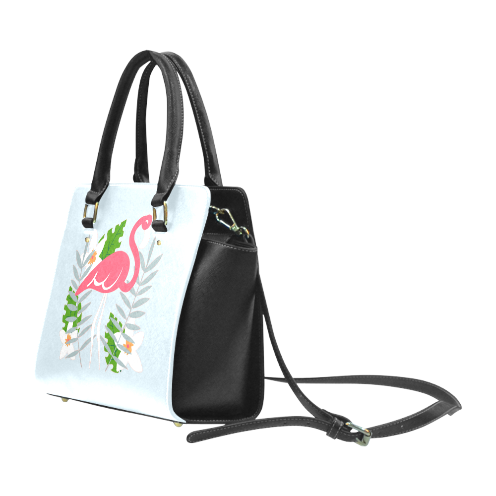 Flamingo Tropical Floral Blue Background Classic Shoulder Handbag (Model 1653)