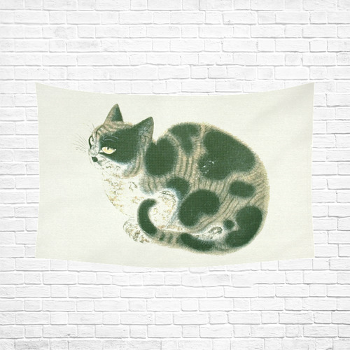 Tabby Cat Vintage Chinese Painting Cotton Linen Wall Tapestry 90"x 60"