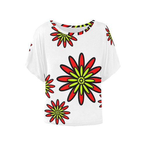 Red Flowers Women's Batwing-Sleeved Blouse T shirt (Model T44)