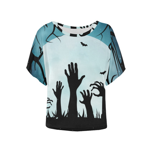 Scary Spooky Halloween Graveyard Hands Women's Batwing-Sleeved Blouse T shirt (Model T44)
