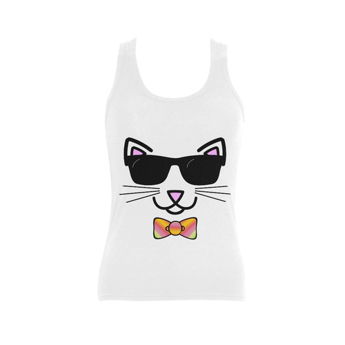 Cool Cat Wearing Bow Tie and Sunglasses Women's Shoulder-Free Tank Top (Model T35)