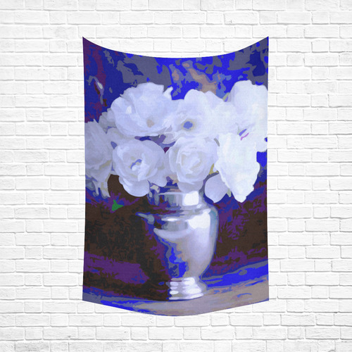 White Roses In Silver Vase Cotton Linen Wall Tapestry 60"x 90"
