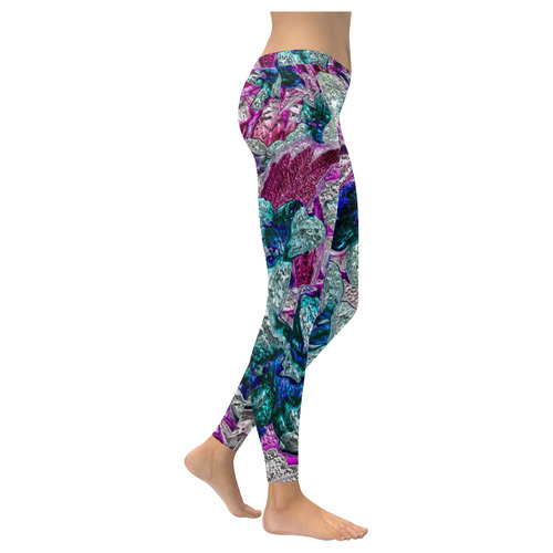 Floral, glossy Chrome 2C by FeelGood Women's Low Rise Leggings (Invisible Stitch) (Model L05)
