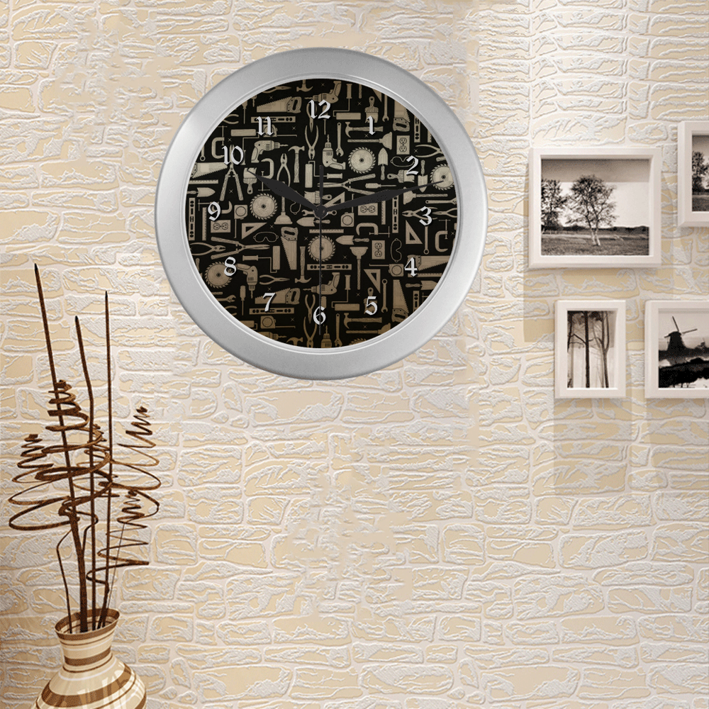 Black & Gold Workshop Tools Silver Color Wall Clock