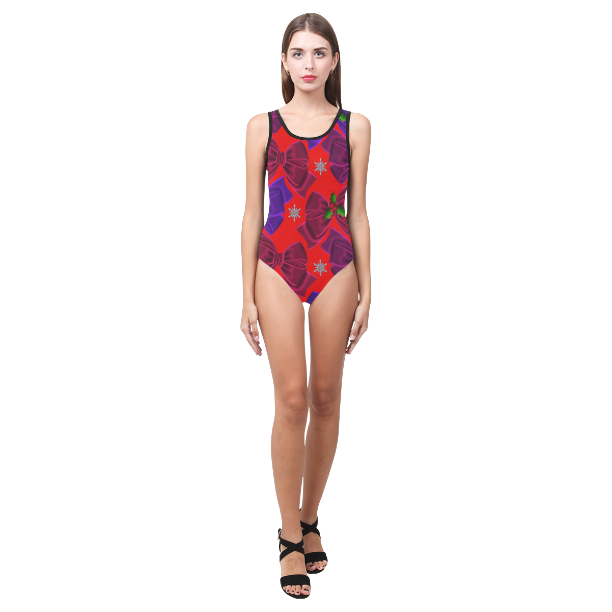 Christmas bows a plenty in red Vest One Piece Swimsuit (Model S04)