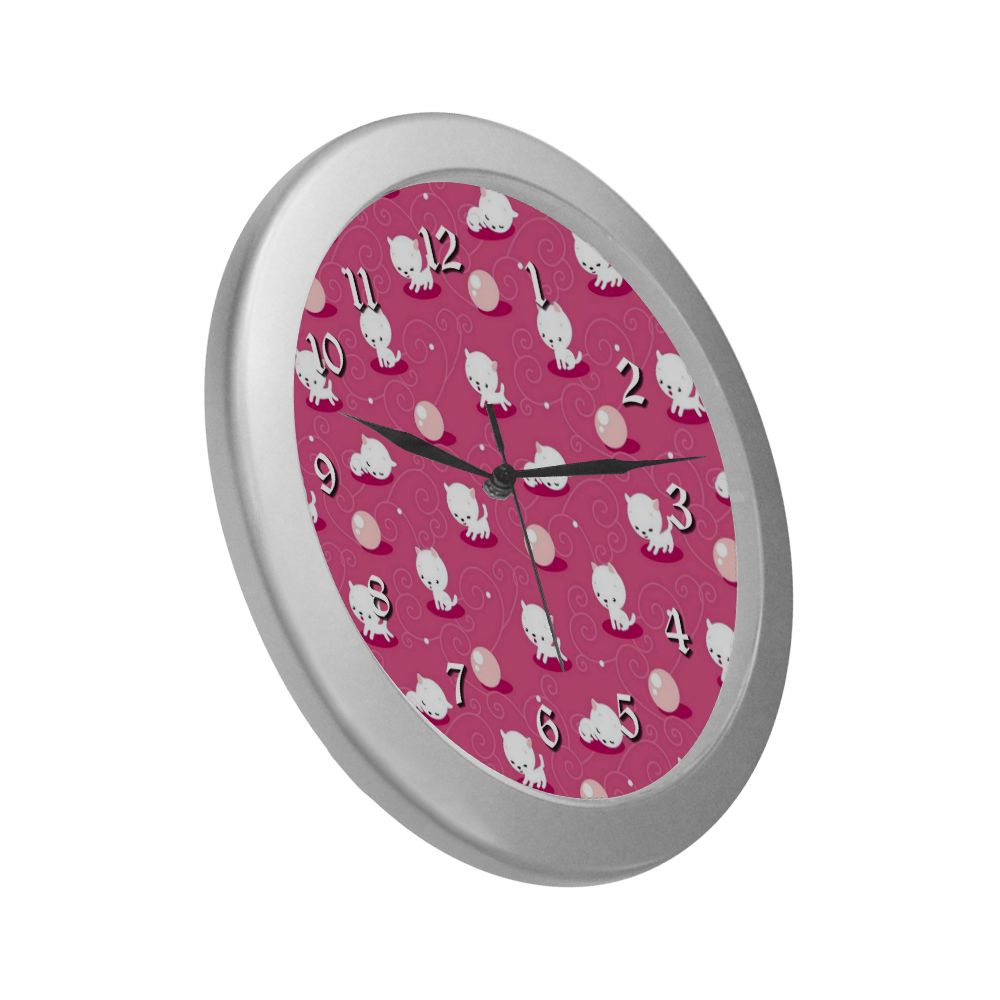 Pink Pretty Kitty Silver Color Wall Clock