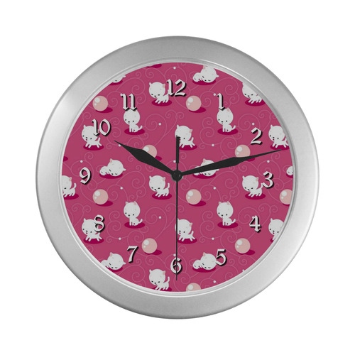 Pink Pretty Kitty Silver Color Wall Clock
