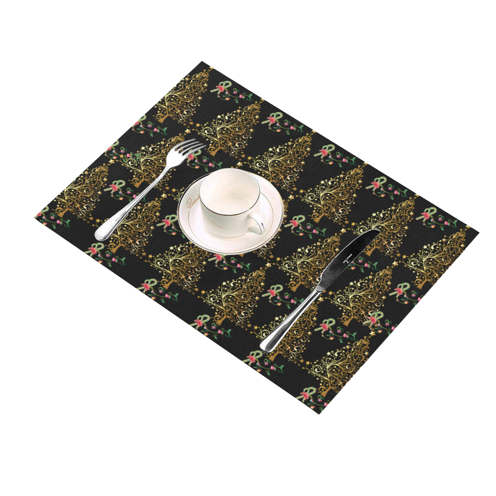 Golden Christmas Trees in black Placemat 14’’ x 19’’ (Set of 6)