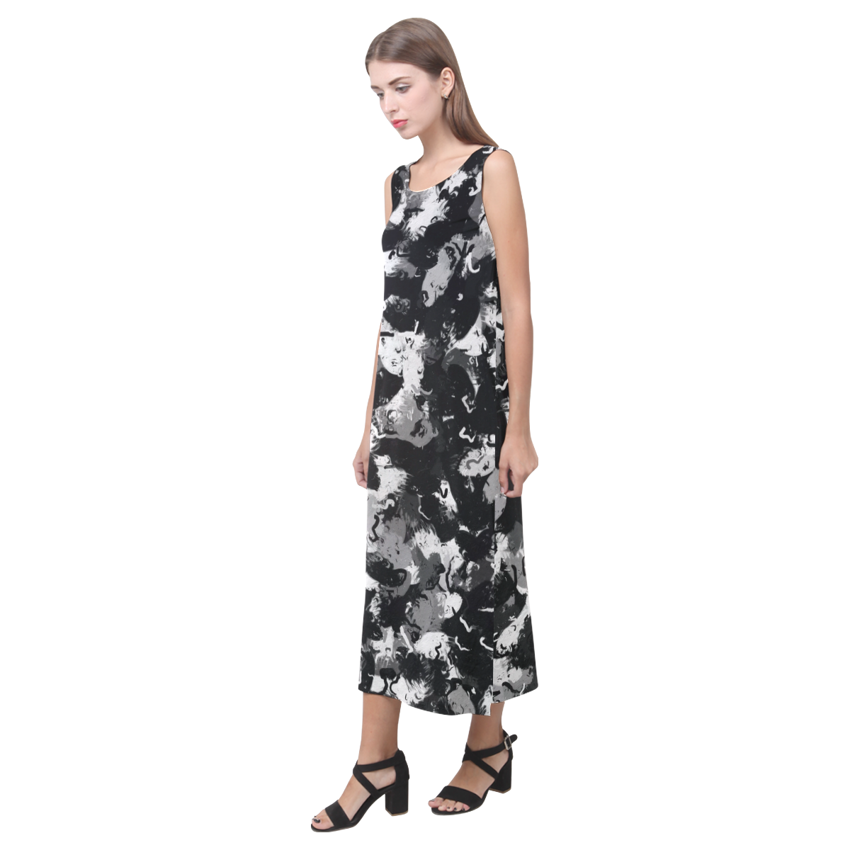 Shades of Gray  and Black Oils Phaedra Sleeveless Open Fork Long Dress (Model D08)