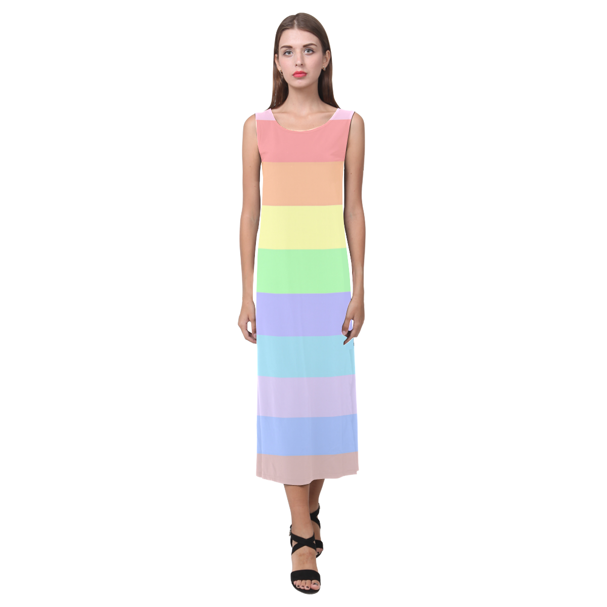 Pastel Rainbow Stripes Phaedra Sleeveless Open Fork Long Dress (Model D08)
