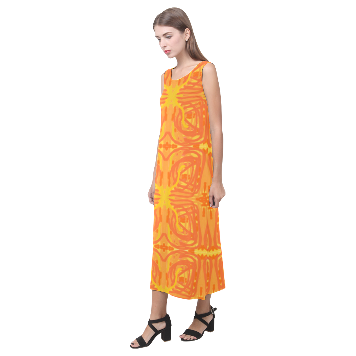 Orange and Yellow Tribal Phaedra Sleeveless Open Fork Long Dress (Model D08)