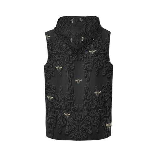 Black Bees and Lace All Over Print Sleeveless Zip Up Hoodie for Men (Model H16)
