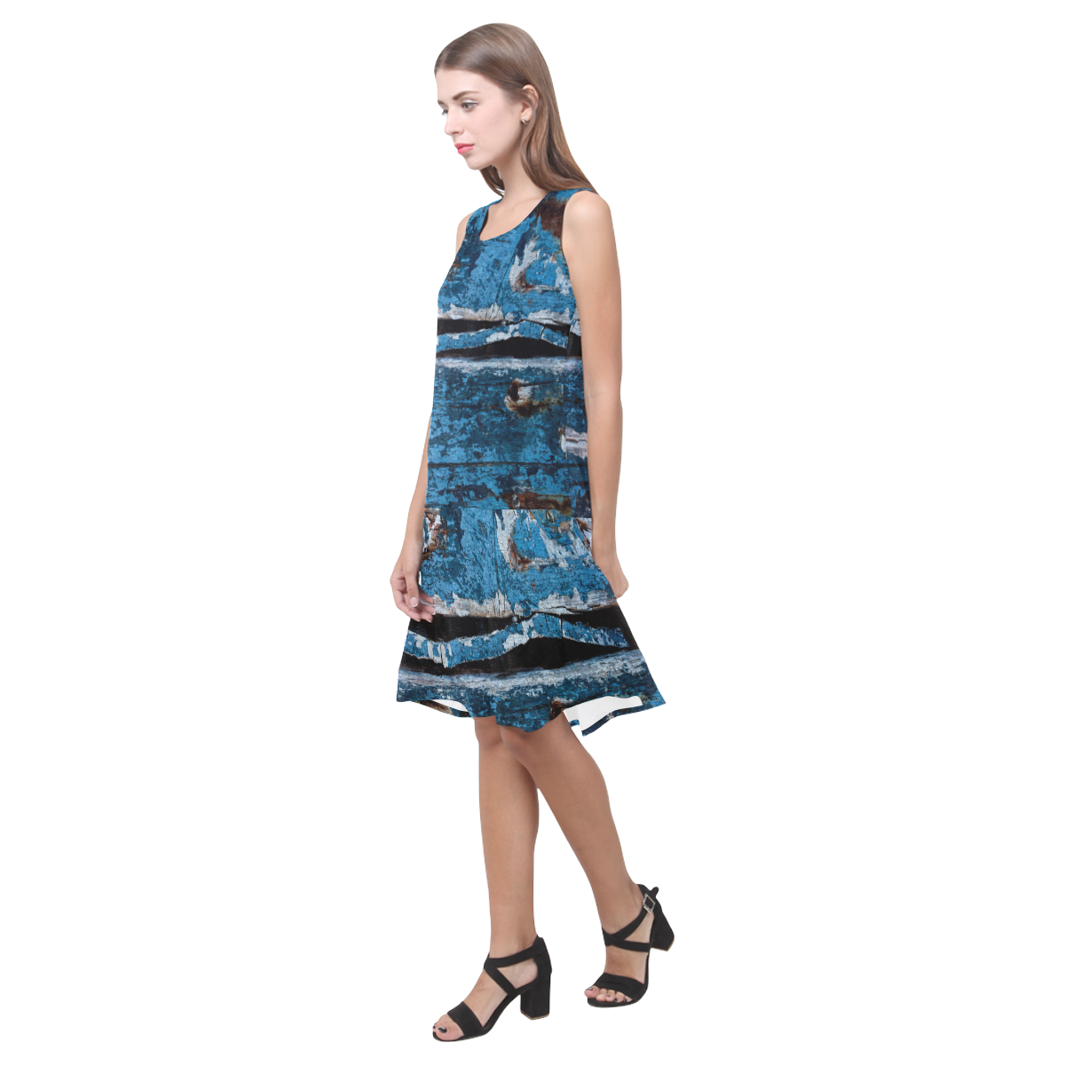 Blue painted wood Sleeveless Splicing Shift Dress(Model D17)