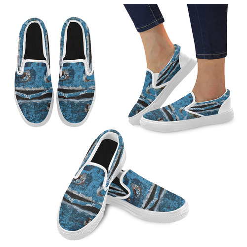 Blue painted wood Women's Unusual Slip-on Canvas Shoes (Model 019)