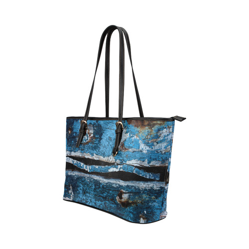 Blue painted wood Leather Tote Bag/Large (Model 1651)