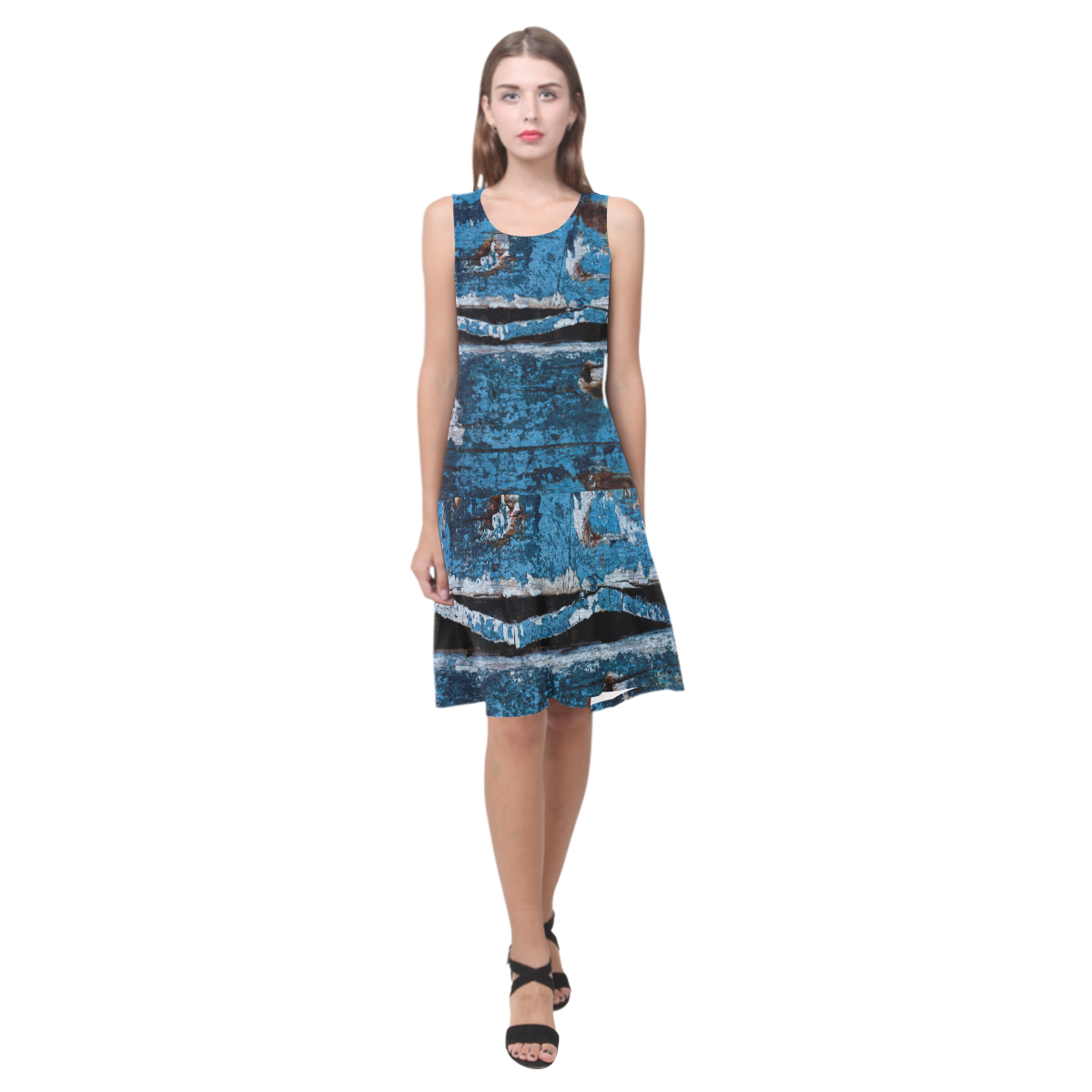 Blue painted wood Sleeveless Splicing Shift Dress(Model D17)