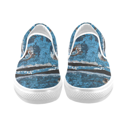 Blue painted wood Women's Unusual Slip-on Canvas Shoes (Model 019)