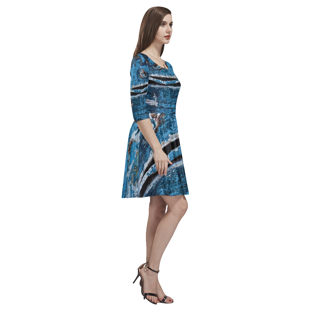 Blue painted wood Tethys Half-Sleeve Skater Dress(Model D20)