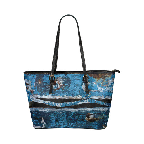 Blue painted wood Leather Tote Bag/Large (Model 1651)