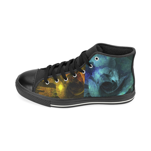 Yellow and Blue Sparkling Rose High Top Canvas Shoes for Kid (Model 017)