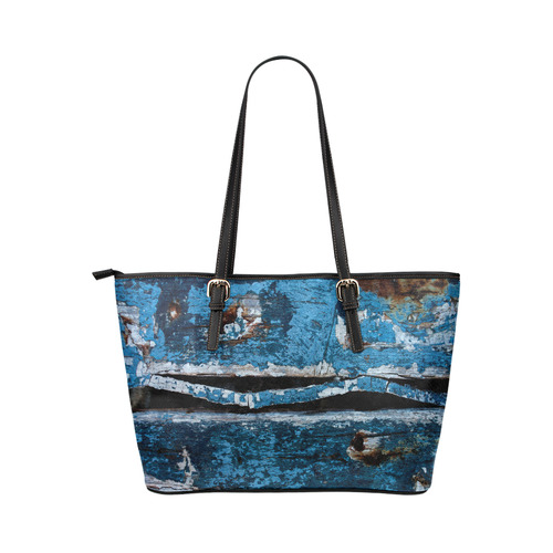 Blue painted wood Leather Tote Bag/Large (Model 1651)