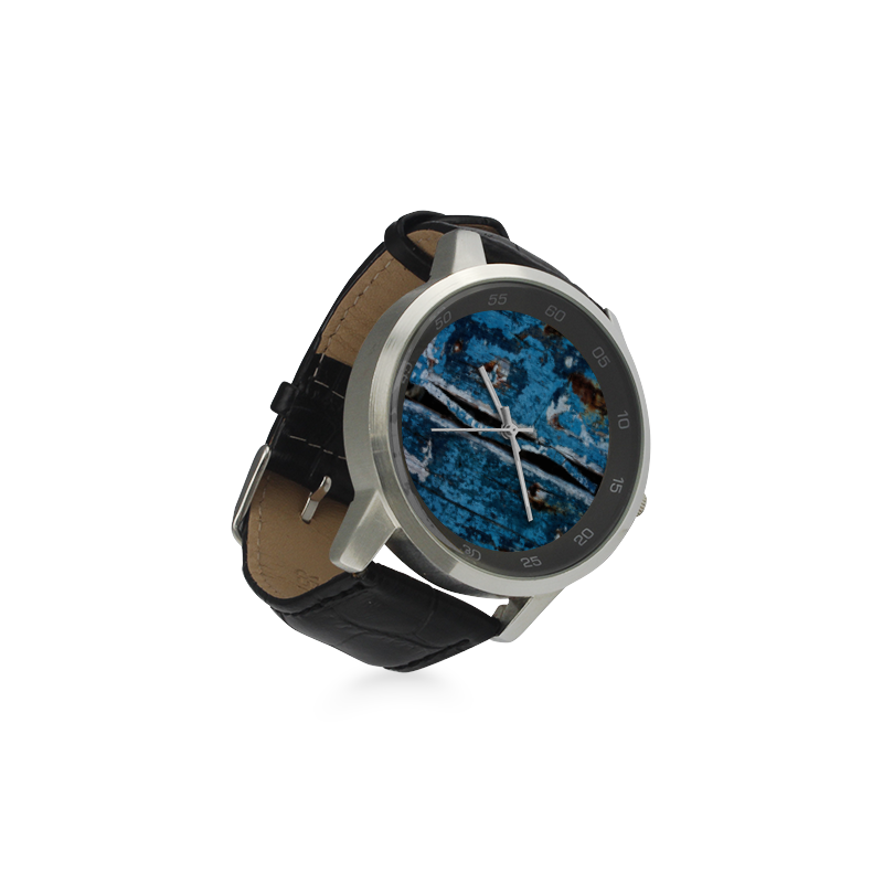 Blue painted wood Unisex Stainless Steel Leather Strap Watch(Model 202)