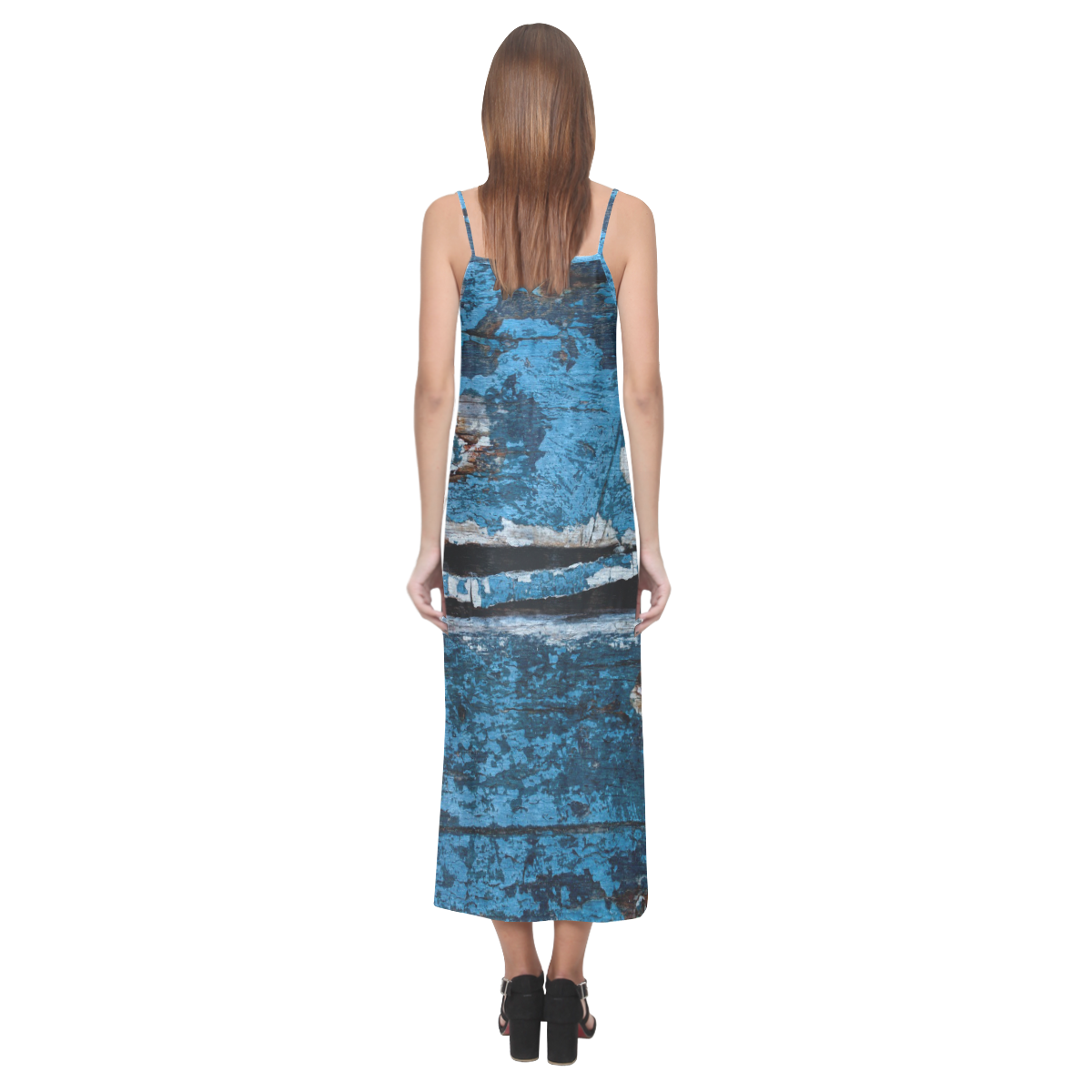 Blue painted wood V-Neck Open Fork Long Dress(Model D18)