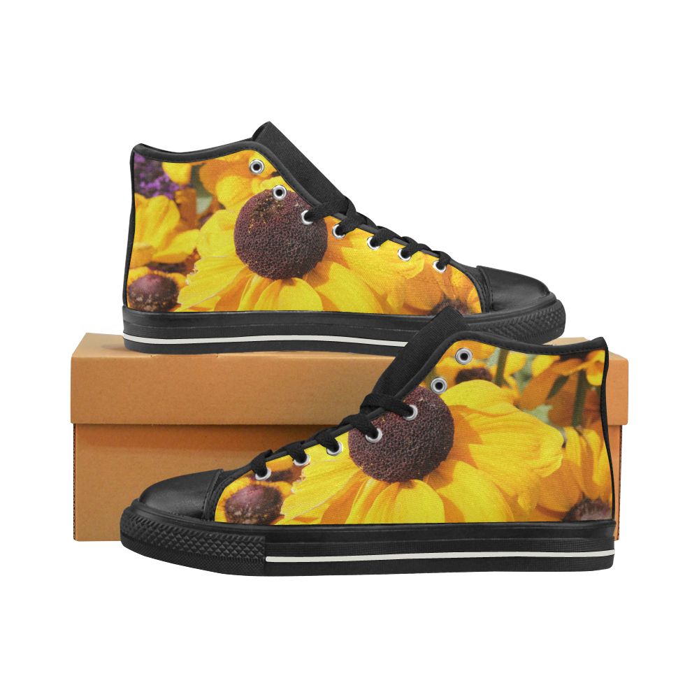 Yellow Flowers High Top Canvas Shoes for Kid (Model 017)