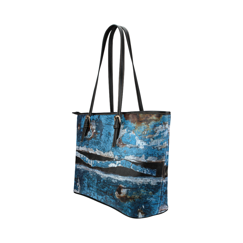 Blue painted wood Leather Tote Bag/Large (Model 1651)