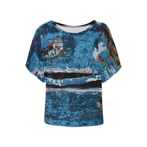 Blue painted wood Women's Batwing-Sleeved Blouse T shirt (Model T44)