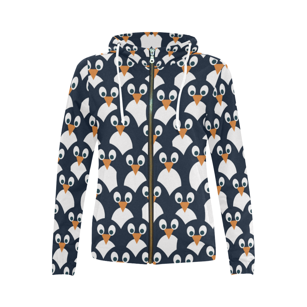 Penguin Pattern All Over Print Full Zip Hoodie for Women (Model H14)