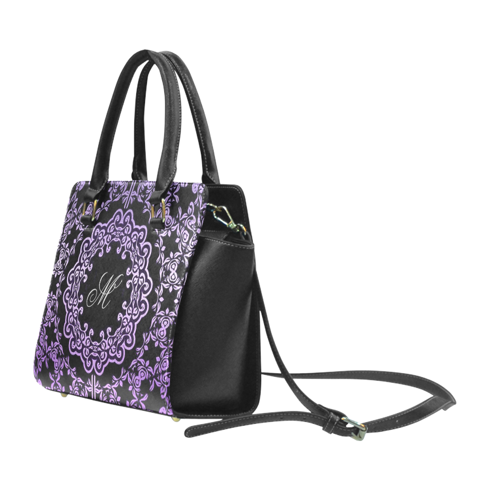 Monogram Black & Purple Filigree Motif Rivet Shoulder Handbag (Model 1645)