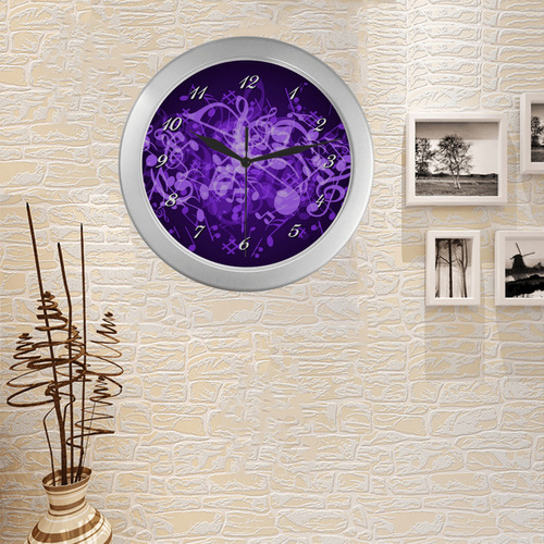Purple Glow Music Notes Silver Color Wall Clock
