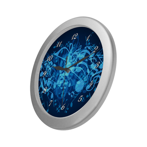 Blue Glow Music Notes Silver Color Wall Clock