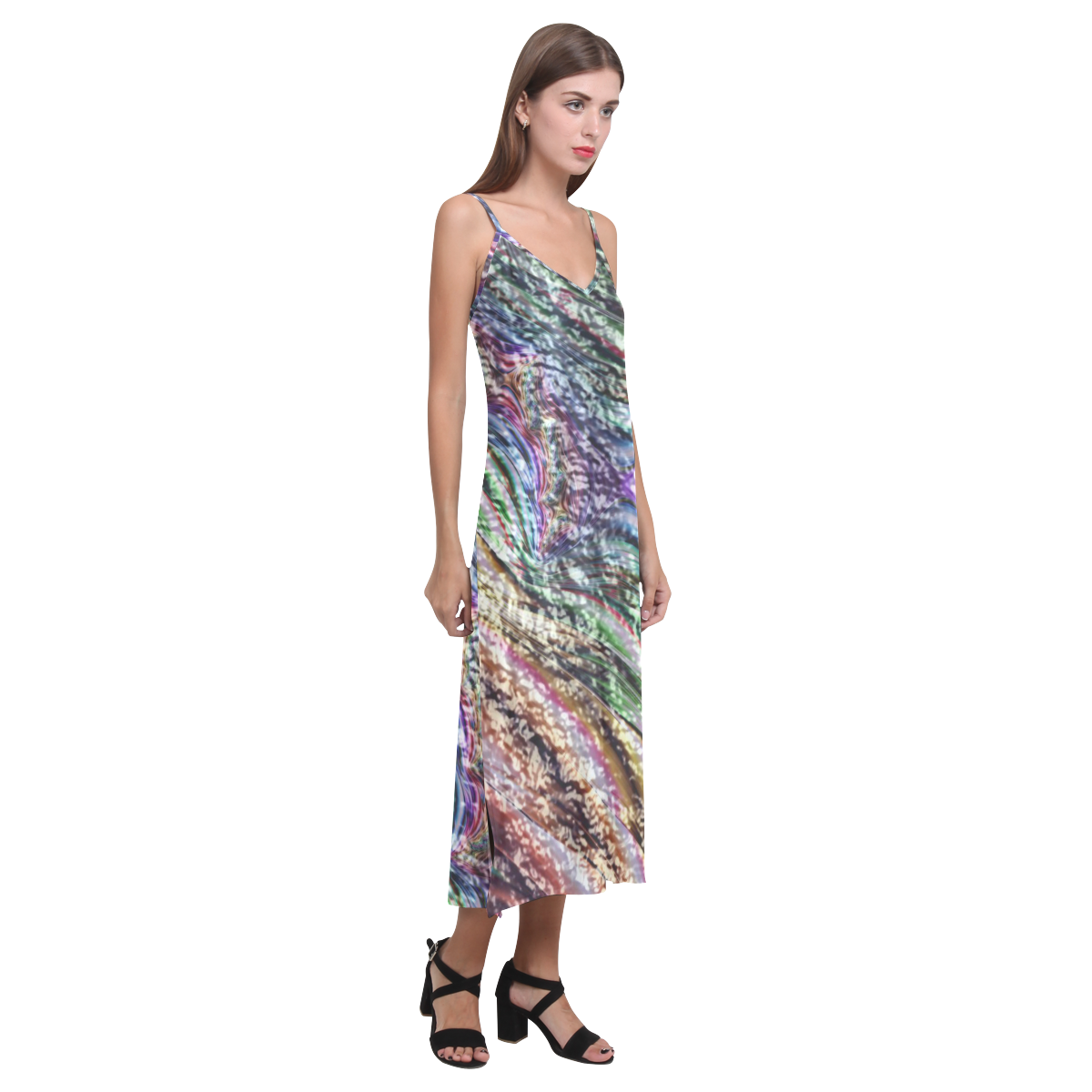 crumpled foil 17 Abstract by JamColors V-Neck Open Fork Long Dress(Model D18)