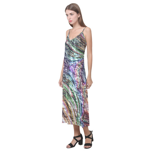 crumpled foil 17 Abstract by JamColors V-Neck Open Fork Long Dress(Model D18)