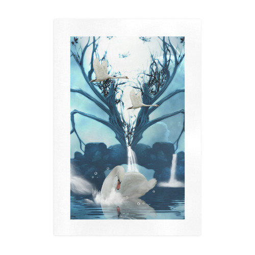 Beautiful swan with waterfalls Art Print 19‘’x28‘’