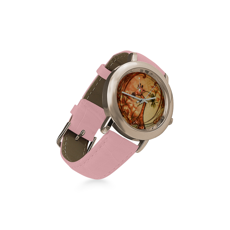 Cute unicorn giraffe Women's Rose Gold Leather Strap Watch(Model 201)