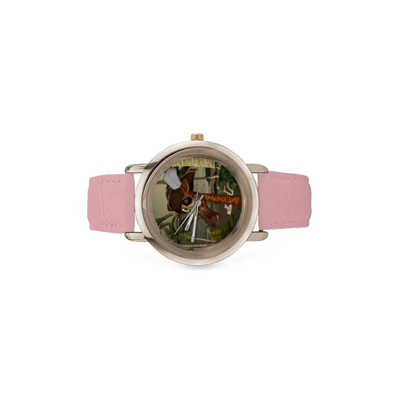 Funny giraffe as a pirate Women's Rose Gold Leather Strap Watch(Model 201)