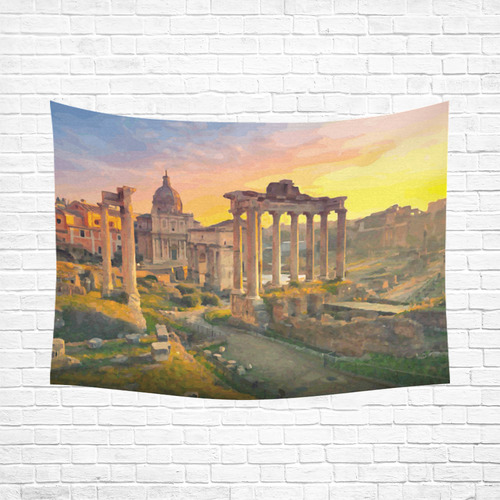 Rome Travel Ruins of Forum St Peters Dome Sunset Cotton Linen Wall Tapestry 80"x 60"