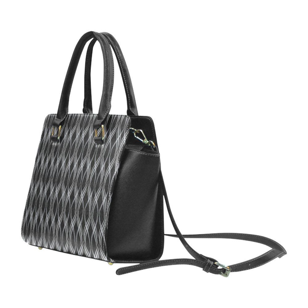 Black & White Ribbons Rivet Shoulder Handbag (Model 1645) | ID: D1761461