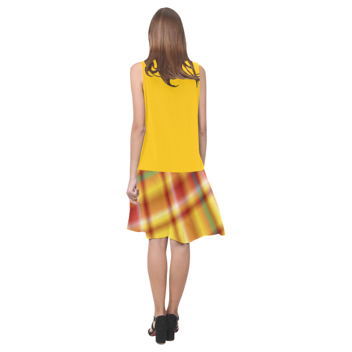 Sunset Orange and Yellow Tartan Plaid Sleeveless Splicing Shift Dress(Model D17)