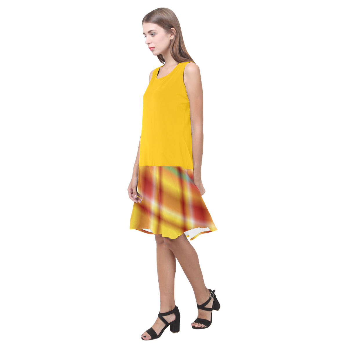 Sunset Orange and Yellow Tartan Plaid Sleeveless Splicing Shift Dress(Model D17)