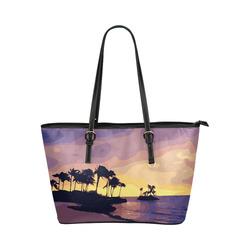Tropical Beach Palm Trees Sunset Leather Tote Bag/Large (Model 1651)
