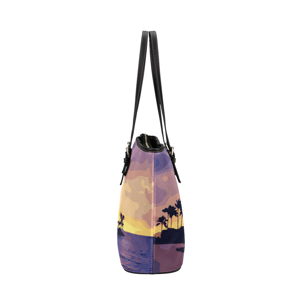 Tropical Beach Palm Trees Sunset Leather Tote Bag/Small (Model 1651)