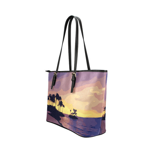 Tropical Beach Palm Trees Sunset Leather Tote Bag/Large (Model 1651)