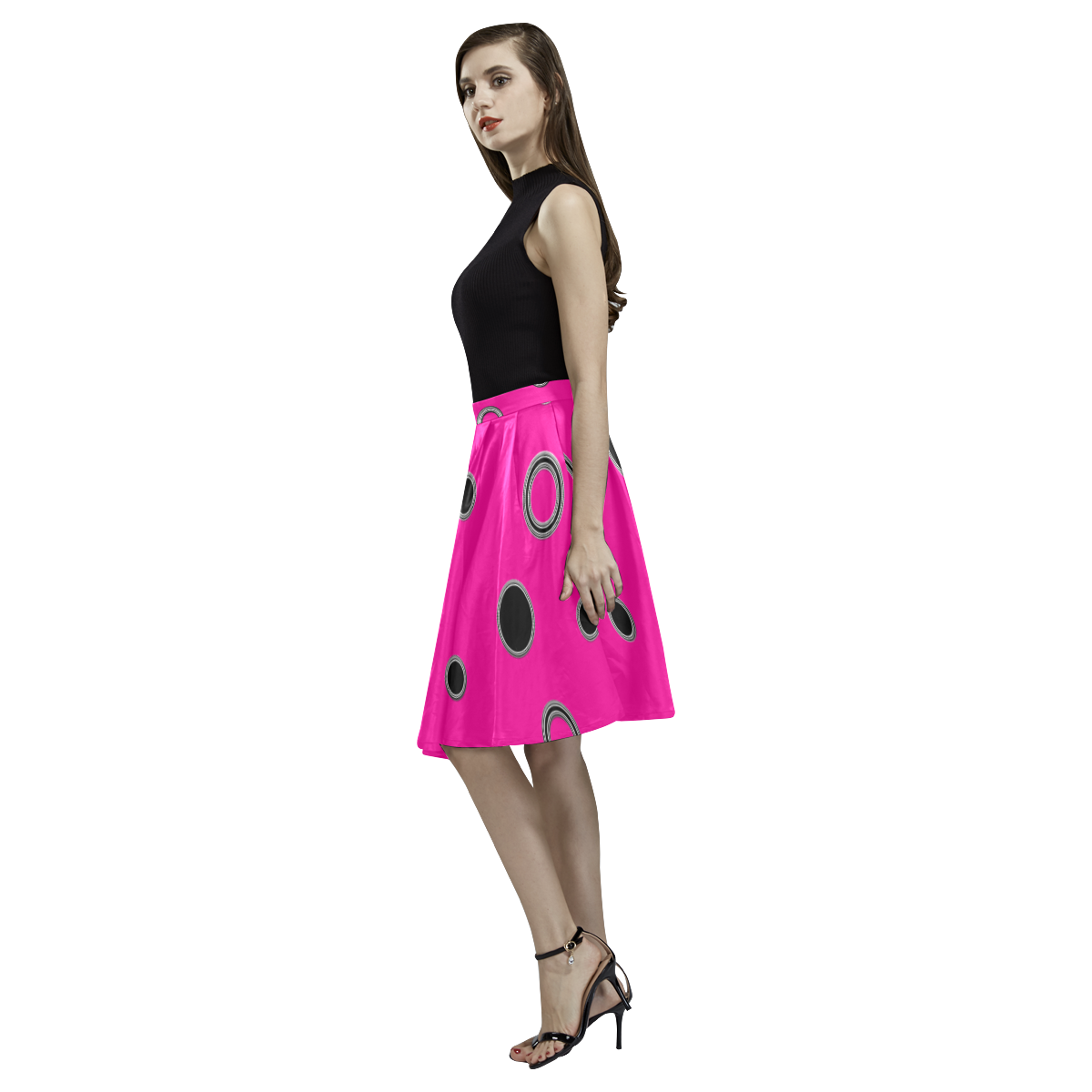 Black Polka Dots Melete Pleated Midi Skirt (Model D15)