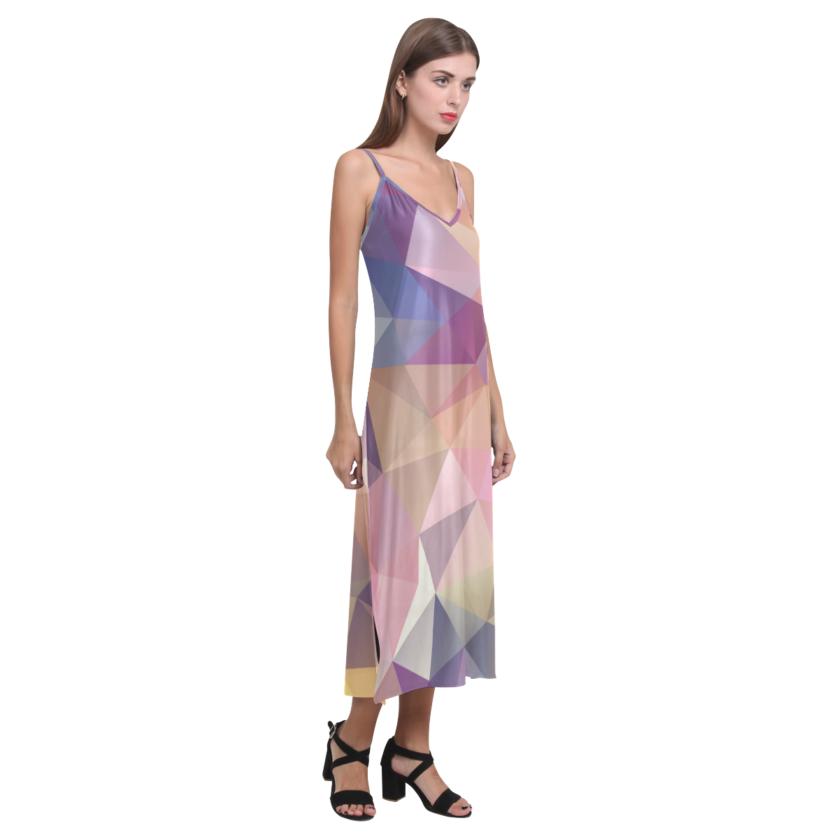 Polygon gray pink V-Neck Open Fork Long Dress(Model D18)