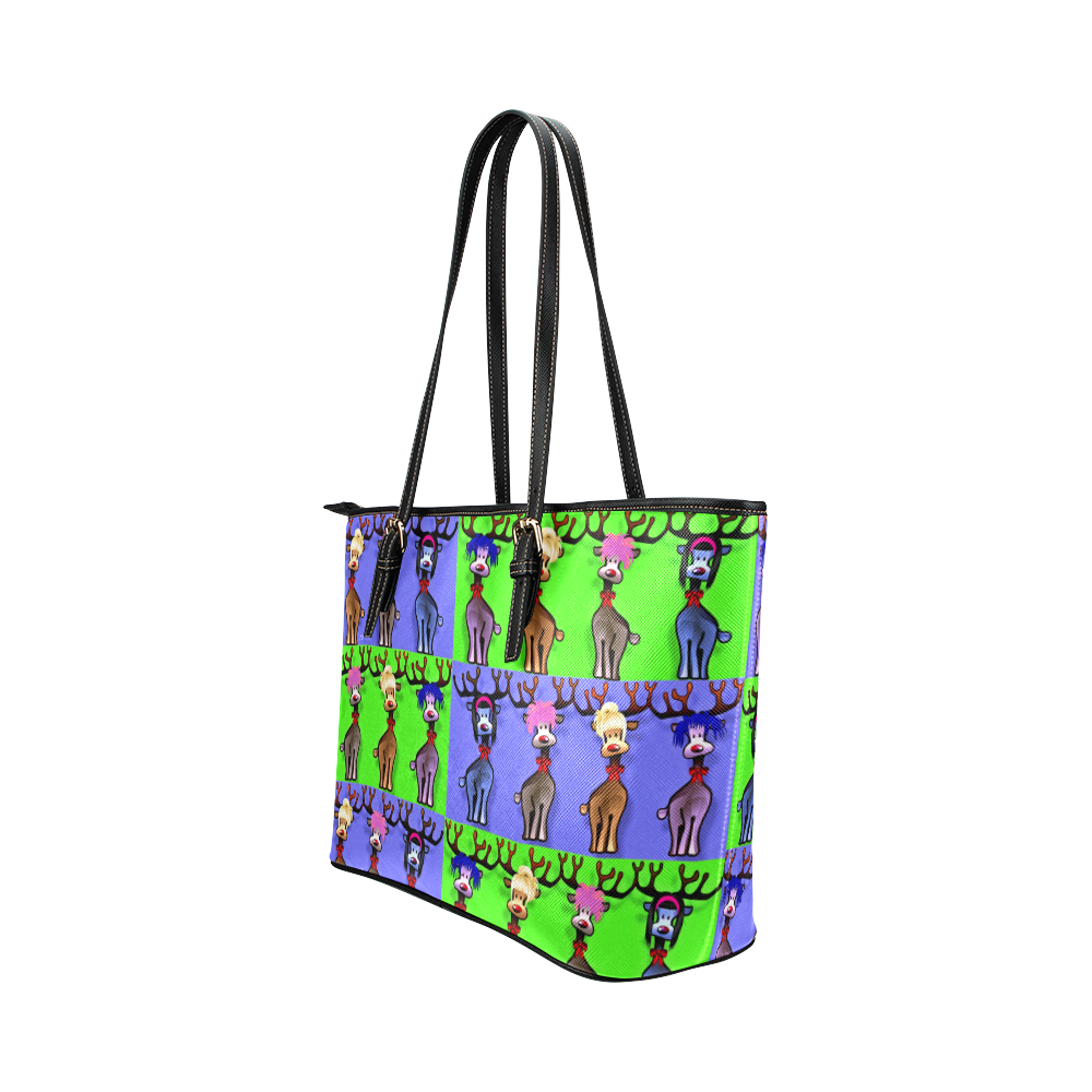 Funny Reindeer Gals on blue and green Leather Tote Bag/Small (Model 1651)